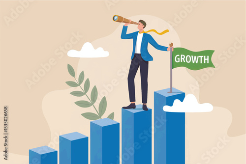 Businessman on top of a bar chart looking through a telescope holding a growth flag vector cartoon illustration isolated on transparent background