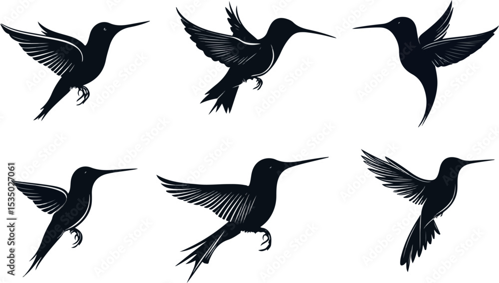 Obraz premium Elegant Hummingbird Silhouette Collection Six Unique Flying Poses on White Background Ideal for Logos Designs and Artistic Creations with a Touch of Nature and Grace