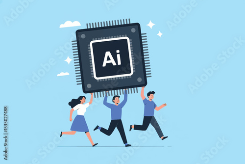 Vector cartoon illustration of people lifting a large ai microchip isolated on transparent background