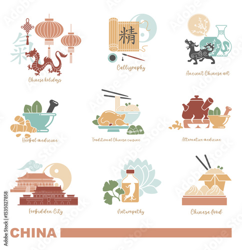 Flat vector set of traditional Chinese culture icons with food medicine calligraphy and landmarks