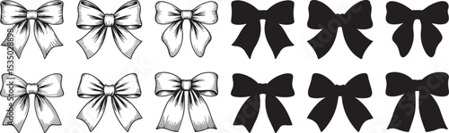 Six hand drawn bows set isolated on transparent background