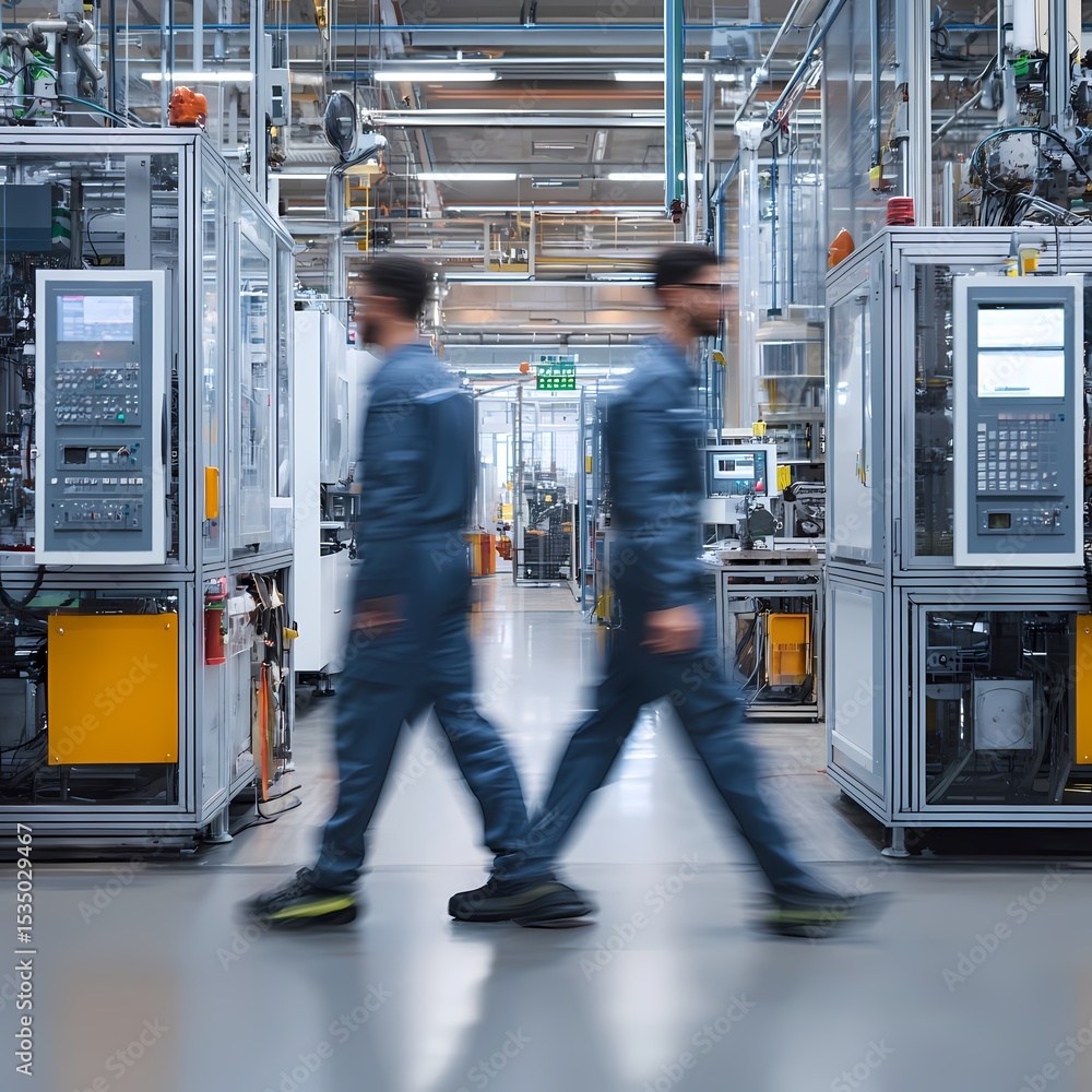 Obraz premium Industrial Workers in Manufacturing Facility Optimizing Production Line