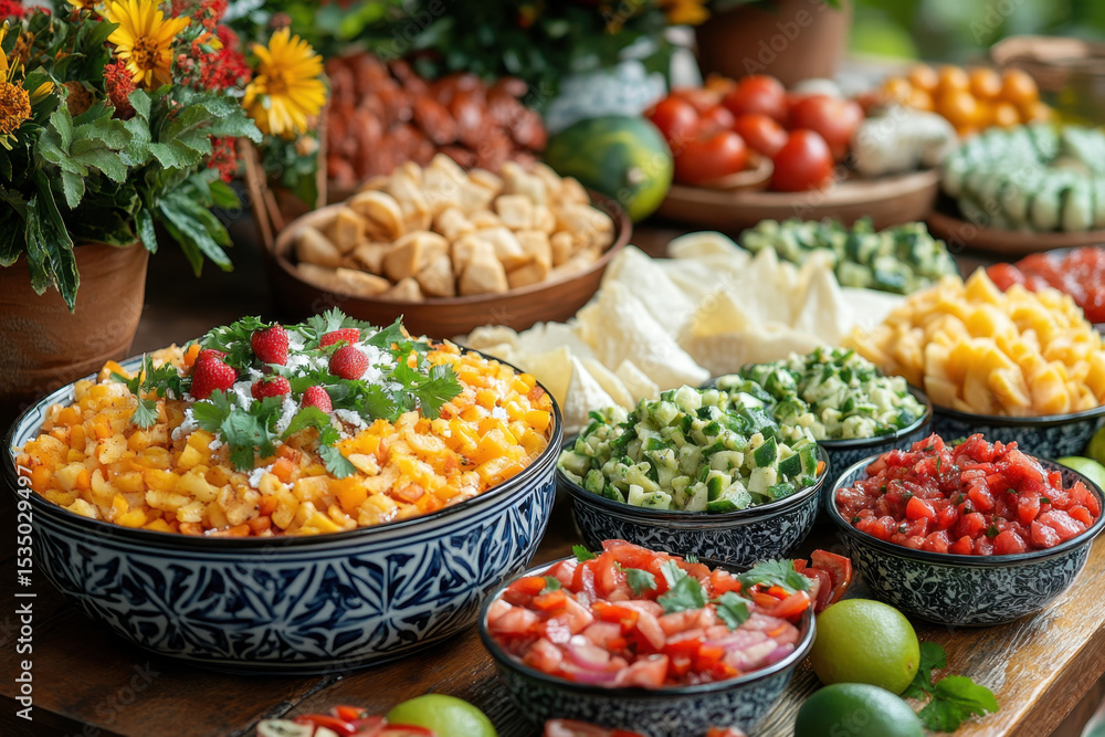 Fototapeta premium Table filled with assorted food bowls.