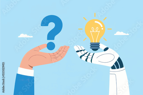 Human hand and robot hand exchanging a lightbulb and question mark vector cartoon illustration isolated on transparent background