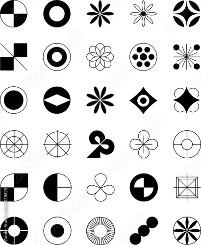 A grid of abstract geometric and circular icons in black, featuring a wider variety of designs and arrangements compared to Image 31.