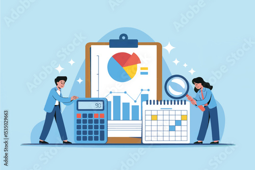 Vector cartoon illustration of business people analyzing data on a clipboard isolated on transparent background