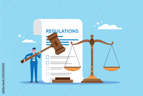 Vector cartoon illustration of regulations gavel scales of justice isolated on transparent background
