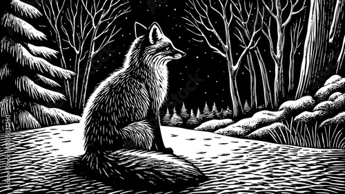 fox sitting quietly in a snowy forest clearing with its tail wrapped around black and white sketch vector