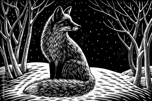 fox sitting quietly in a snowy forest clearing with its tail wrapped around black and white sketch vector