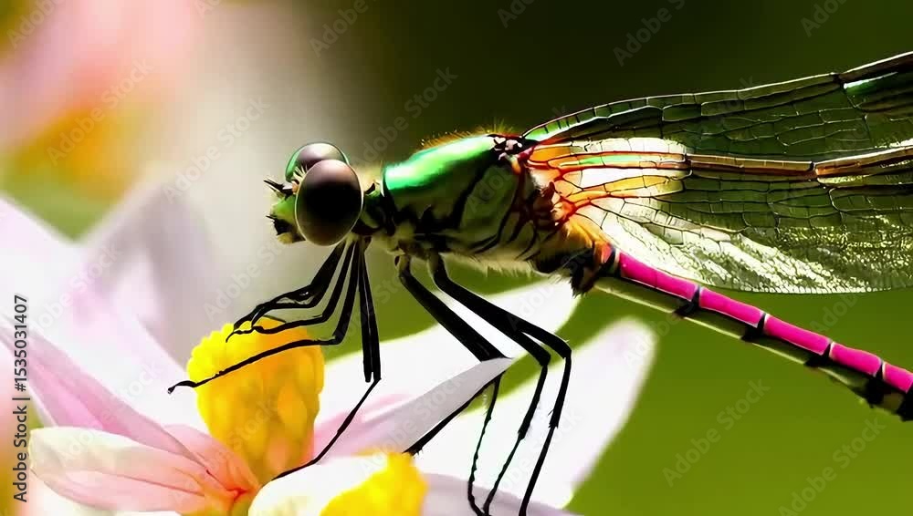A close-up of a dragonfly resting on a flower petal, with iridescent wings shimmering beautifully in the sunlight. Created with generated AI. A close-up of a dragonfly resting on a flower petal, with iridescent wings shimmering beautifully in the sunlight. Created with generated AI.
