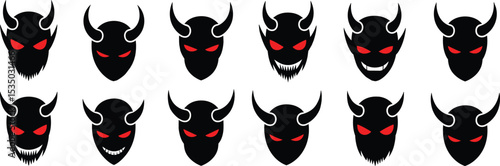 Intense collection of ominous devil and demon head silhouettes with glowing red eyes, featuring various horn styles and menacing grins, perfect for horror, fantasy, and Halloween-themed designs