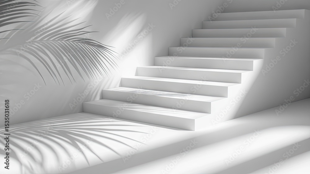 Fototapeta premium White stairs with plant shadows in a minimalist setting.