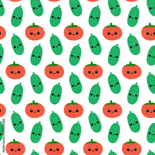 Cucumber and tomato seamless pattern on white background. Cute vegetables with smiling faces.