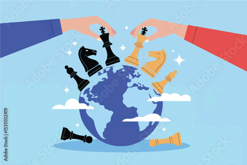 Global chess strategy hands placing chess pieces on earth isolated on transparent background