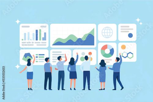 Team analyzing data on dashboard vector cartoon illustration isolated on transparent background