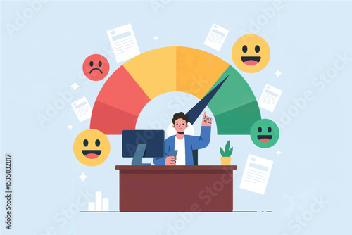 Vector cartoon illustration of man monitoring performance meter with feedback isolated on transparent background