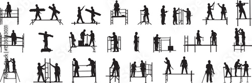 Silhouette construction workers on scaffolding vector illustration and icon design element