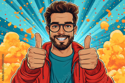 A cheerful man with glasses and a beard giving two thumbs up in a pop art style.