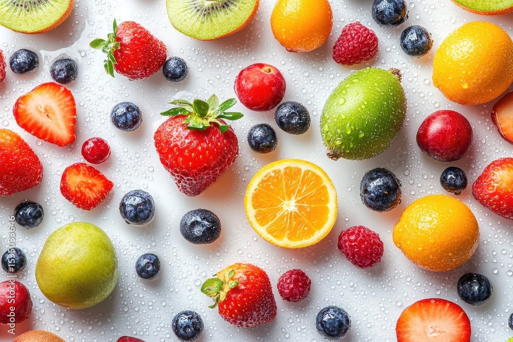 Colorful Fresh Fruits on a White Background with Water Droplets Colorful Fresh Fruits on a White Background with Water Droplets