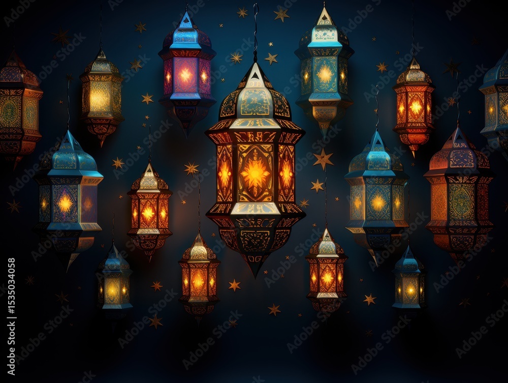 Obraz premium Colorful Moroccan lanterns hanging from ceiling against dark background