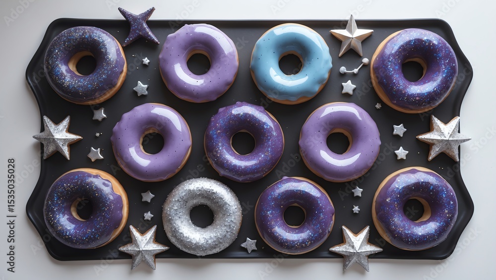Fototapeta premium Assorted Colorful Donuts on Black Tray with Decorative Star Sprinkles