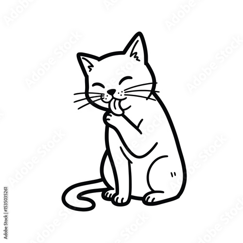 Cute cartoon cat licking paw for Halloween clipart and seasonal decoration design
