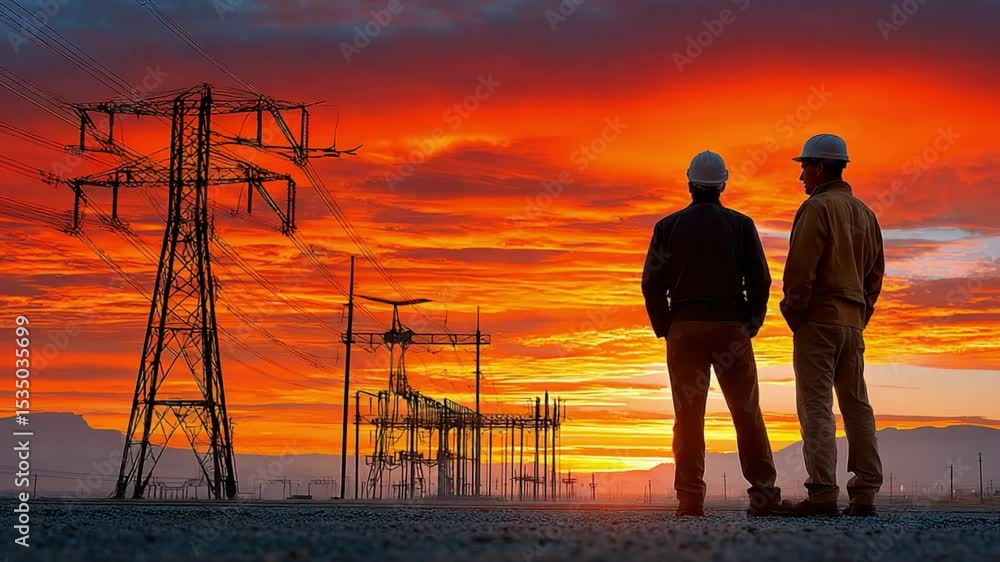 Powering the Sunset: Two figures, silhouetted against the fiery backdrop of a sunset, stand in contemplation before a towering electrical infrastructure. Powering the Sunset: Two figures, silhouetted against the fiery backdrop of a sunset, stand in contemplation before a towering electrical infrastructure.