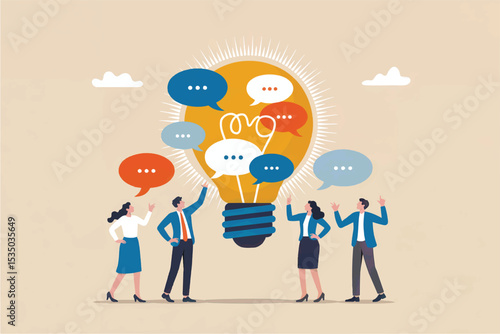 Vector cartoon illustration of business people brainstorming around a light bulb isolated on transparent background