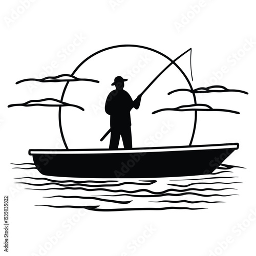 Silhouette of a man fishing from a boat in the sea at sunset, a serene sport and leisure activity