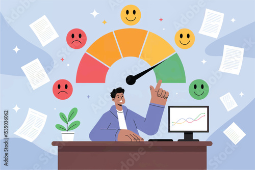 Vector cartoon illustration of man analyzing performance metrics on a speedometer gauge isolated on transparent background