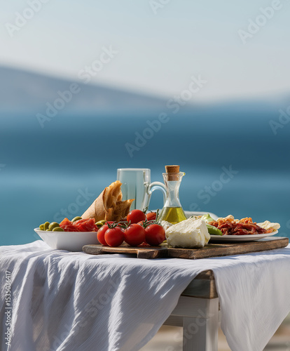 Open-air breakfast setup featuring cheese, oil, tomatoes, olives and sea backdrop