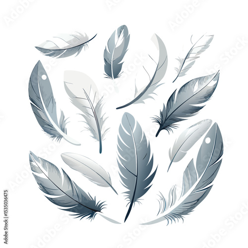 Dynamic Set of White and Gray Feathers Falling - Realistic Bird Plumage Collection with Soft and Airy Texture
