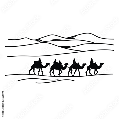 Camels in silhouette traverse the desert landscape at sunset, a timeless illustration of travel and wild nature
