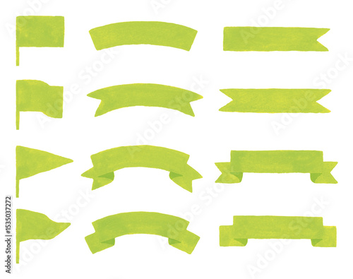 リボン&旗　yellow green　水彩、手描き　ribbon & flag wartercolor hand-draw