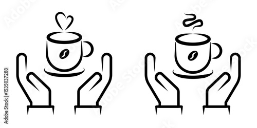 Hands Holding Hot Coffee Cup Line Art Icon set with Steam and Coffee Bean. A minimalist black and white line art icon depicting two open hands cradling or supporting a steaming hot coffee cup.