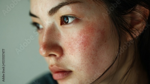 肌のトラブル 日本人女性 クローズアップ（スキンケア シミ 二キビ 赤み たるみ ゆるみ ）	