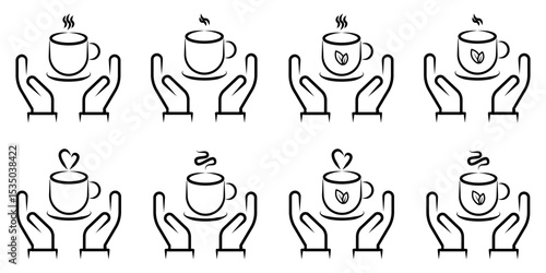 Hands Holding Hot Coffee and Tea Cups Line Art Icon Set. A comprehensive set of eight minimalist line art icons featuring two open hands gently cradling or supporting a steaming hot beverage cup.