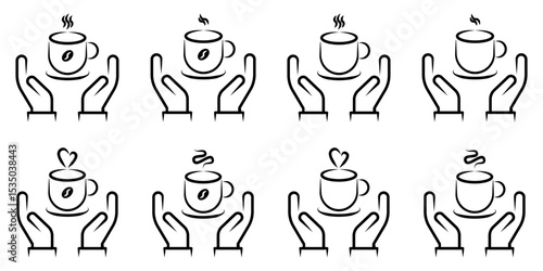 Hands Holding Hot Coffee and Tea Cups Line Art Icon Set. A comprehensive set of eight minimalist line art icons featuring two open hands gently cradling or supporting a steaming hot beverage cup.