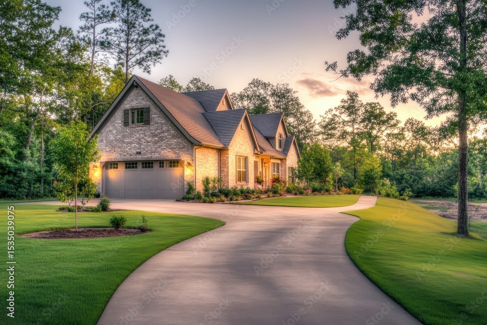 Beautiful Modern House with Driveway and Lush Green Landscape Beautiful Modern House with Driveway and Lush Green Landscape