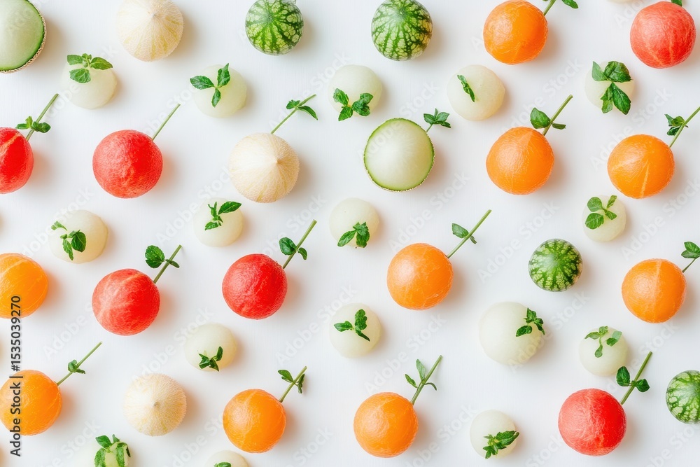 Colorful Arrangement of Fresh Melons and Mint on White Background Colorful Arrangement of Fresh Melons and Mint on White Background