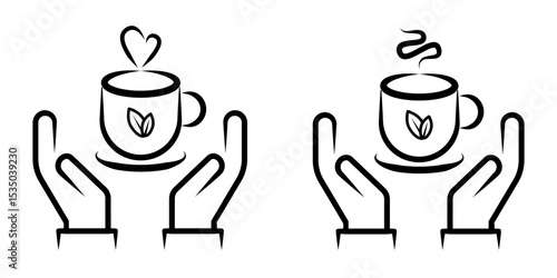 Hands Holding Hot Tea Cups Line Art Icon Set with Steam and Leaf. A set of four minimalist black and white line art icons depicting two open hands cradling or supporting a steaming hot beverage cup.