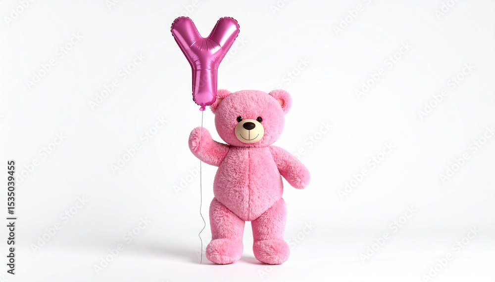 Cute pink teddy bear with balloon letter Y. Baby name reveal after child birth. Stuffed animal isolated on white background Cute pink teddy bear with balloon letter Y. Baby name reveal after child birth. Stuffed animal isolated on white background