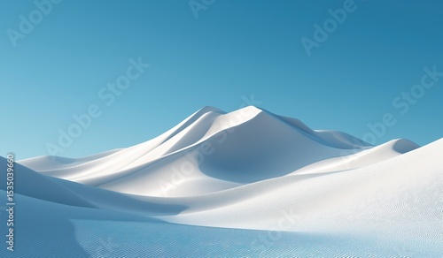 Fototapeta Naklejka Na Ścianę i Meble -  Symmetrical 3D rendering of a white desert with snow-covered dunes under a pure blue sky, featuring high contrast and soft lighting for a dreamy winter landscape