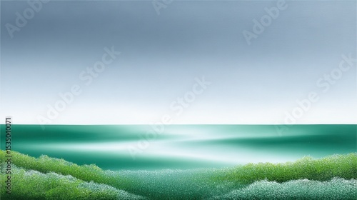 Serene landscape with tranquil waters and soft green foliage under a calm sky.