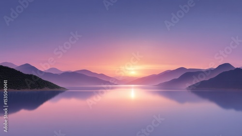 Serene sunrise over tranquil lake with gentle purple hues and distant mountains.