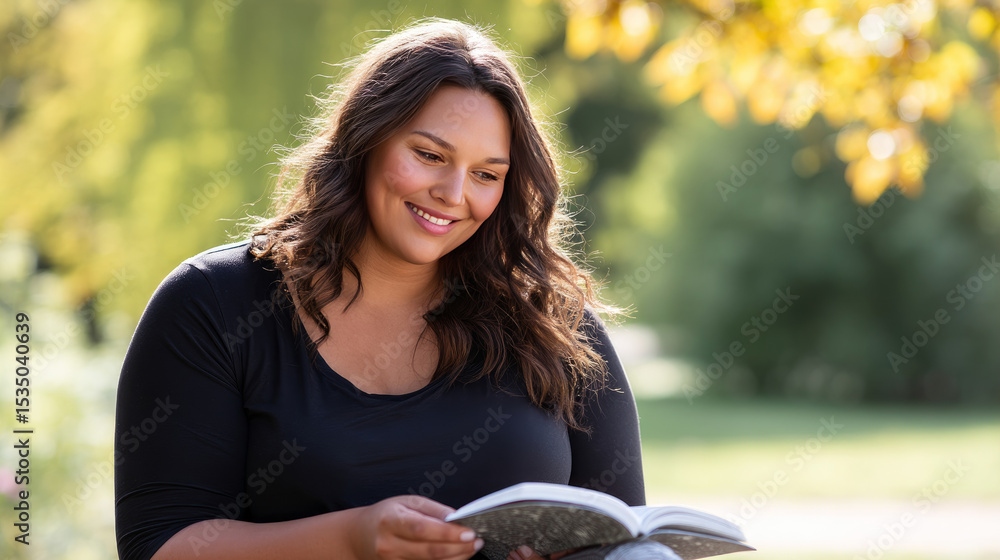 Naklejka premium A close-up of a smiling woman with obesity sitting in a park on a sunny day, reading a book, and feeling at peace