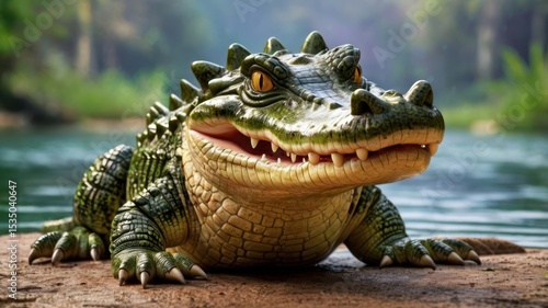 Cartoon crocodile statue by a river