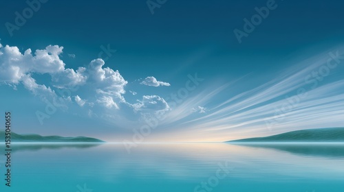 Serene seascape with calm waters and a vibrant blue sky at twilight.