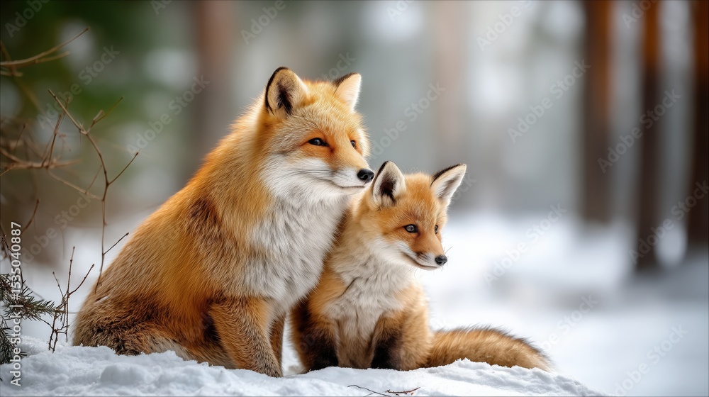 Fototapeta premium Red fox mother and cub sitting together in winter wonderland