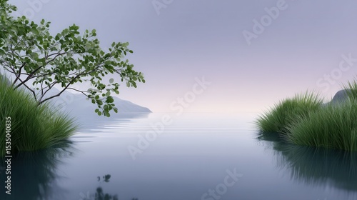 Tranquil landscape with calm waters, lush green vegetation, and soft pastel sky.